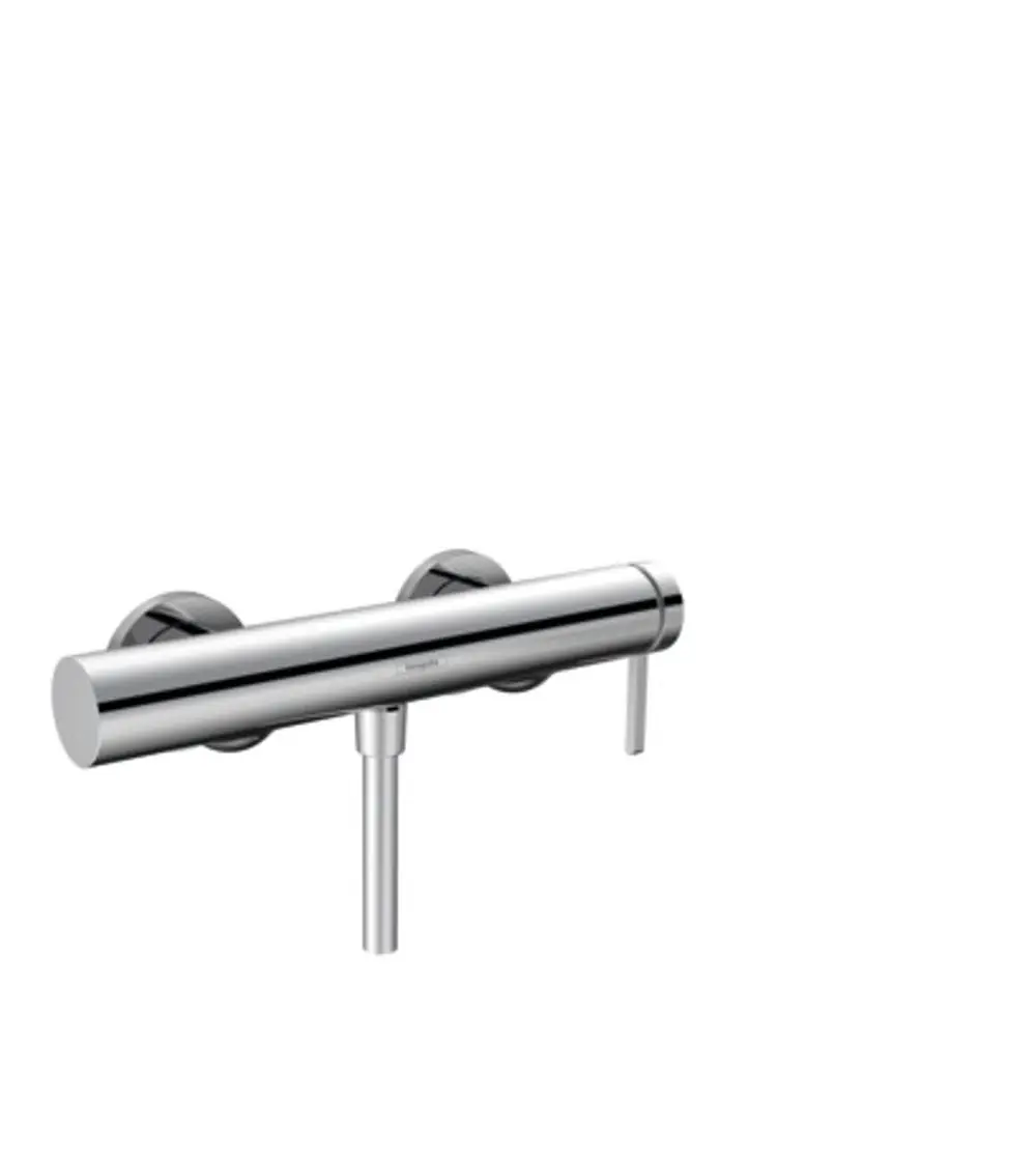 Chromfarbener Einhebel-Brausemischer von Hansgrohe, wandmontiert, mit zwei drehbaren Steuerungselementen, minimalistisches Design ohne sichtbare Steckdosen oder Abdeckungen.